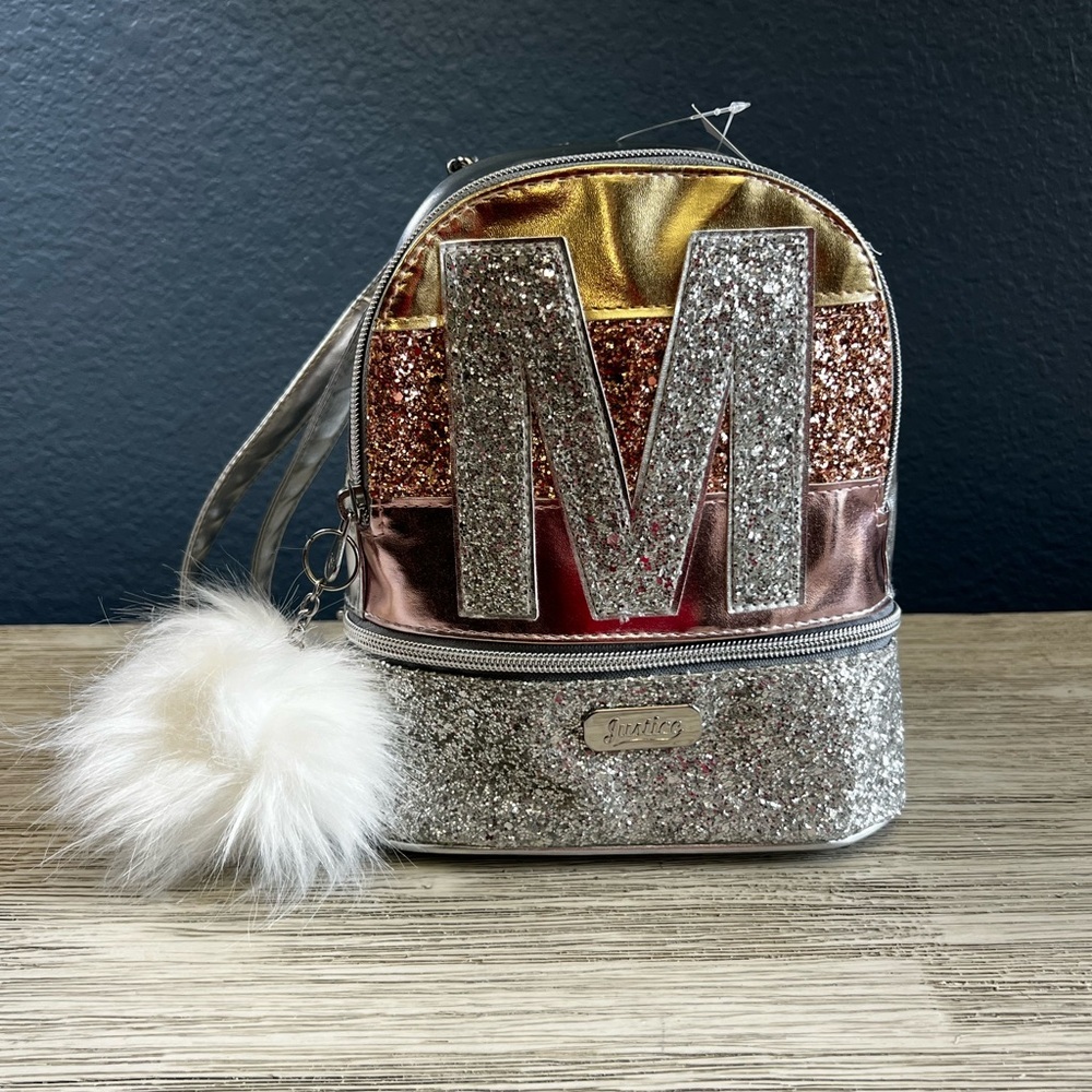 🆕 Justice Silver Glitter Backpack with Pom Pom Charm
